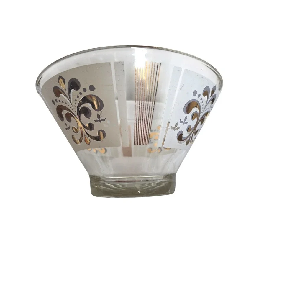 Vintage MCM Glass Bowl Gold Silver Fleur De Lis‎ Striped Mid Century Modern 11